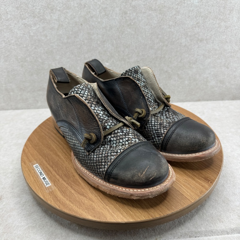 Freebird Mabel Leather Oxfords 8 Black Snakeskin Distressed Boho Western